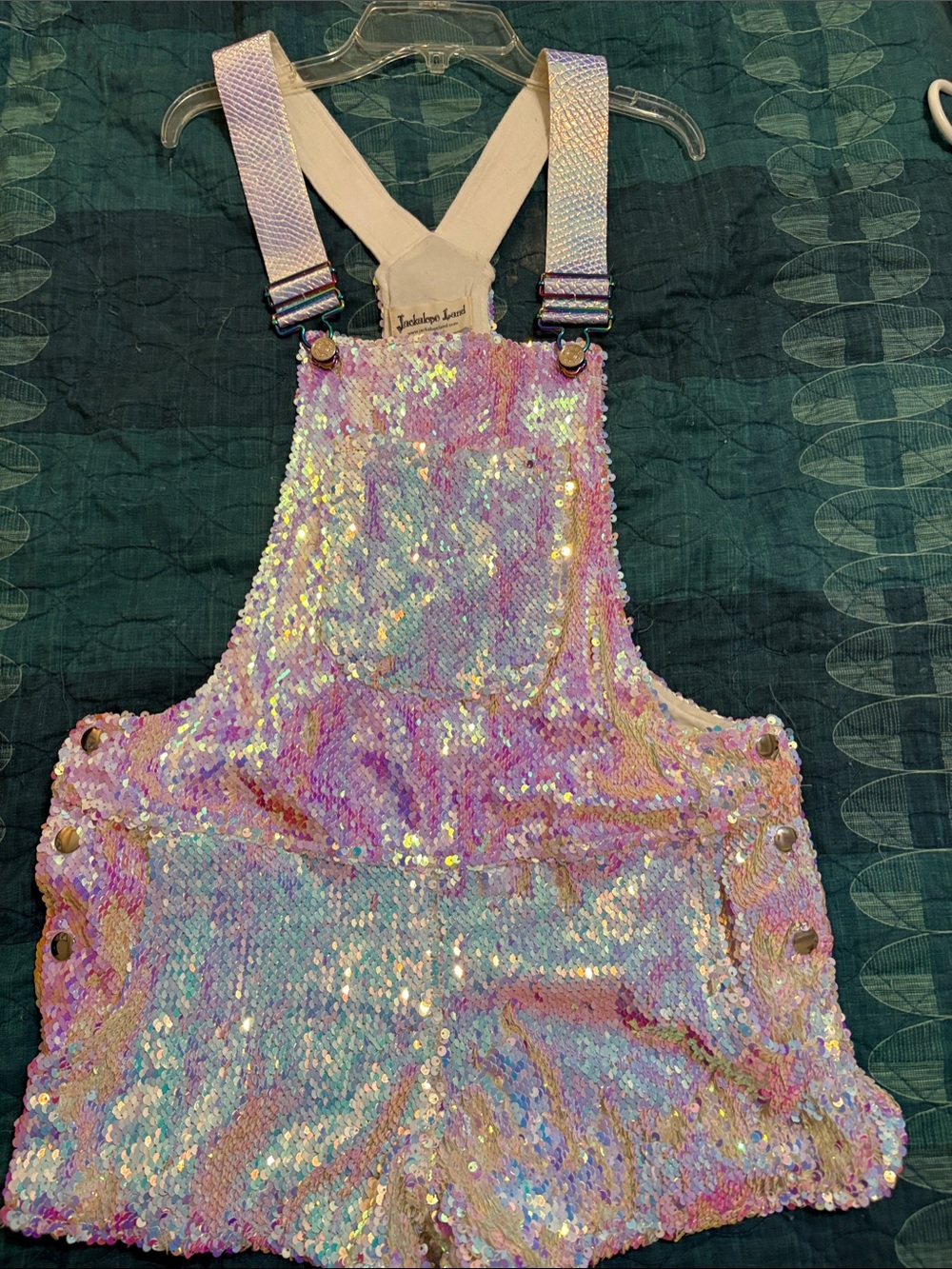 Jackelope Land Iridescent Sequin Pink Multicolor Overall Shorts Romper